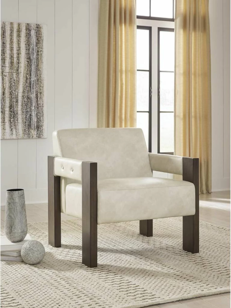 Signature Design by Ashley Adlanlock Modern Faux Leather Accent Chair with Solid Wood Frame in Beige & Dark Brown
