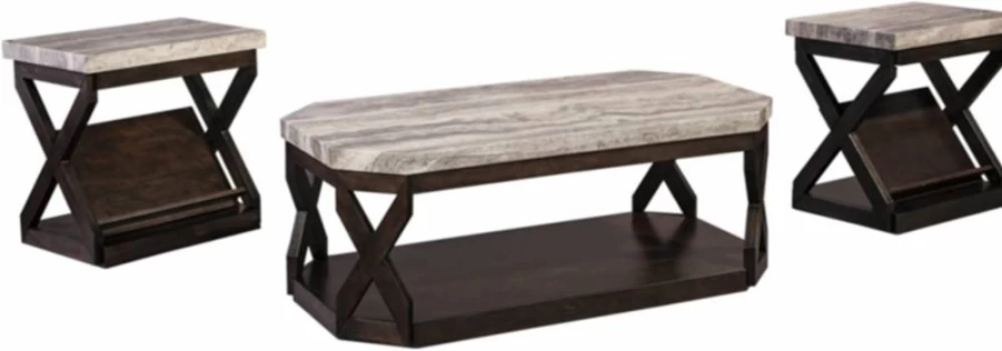Signature Design by Ashley Radilyn 3-Piece Coffee Table Set with 2 End Tables - Faux Marble Top, Modern Gray & Brown Living Room Furniture