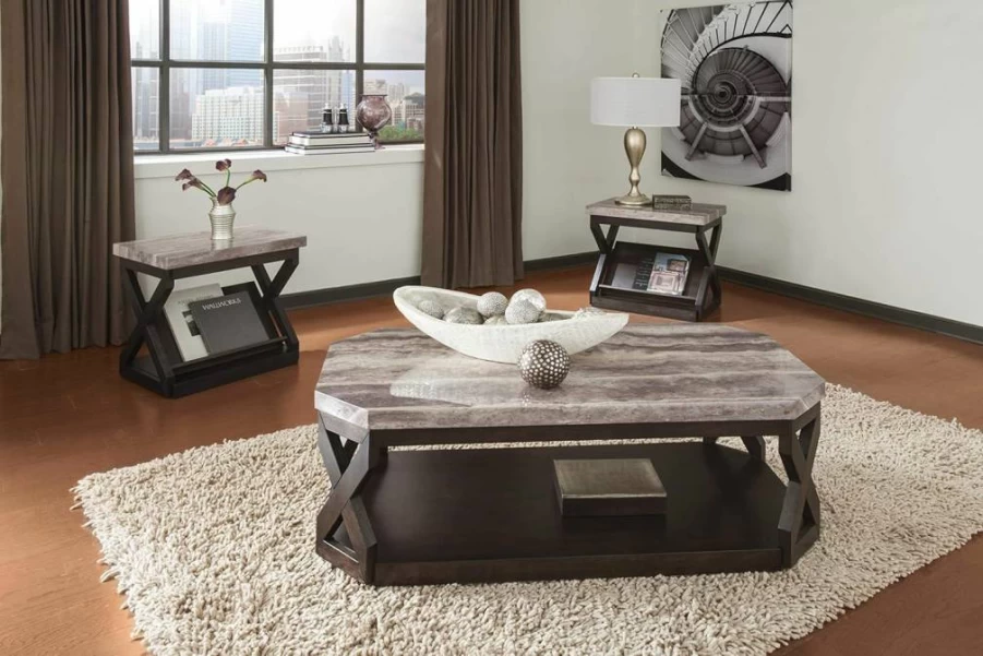 Signature Design by Ashley Radilyn 3-Piece Coffee Table Set with 2 End Tables - Faux Marble Top, Modern Gray & Brown Living Room Furniture