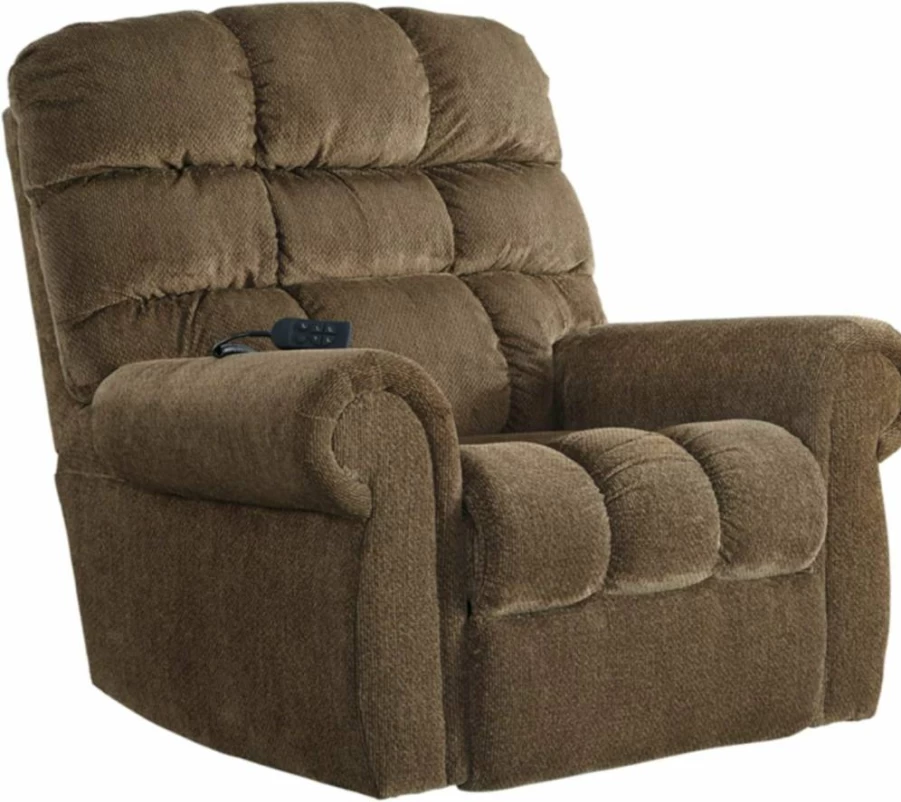 Signature Design by Ashley Ernestine Power Lift Recliner Chair - Adjustable Oversized Brown Leather Recliner with Upholstered Comfort
