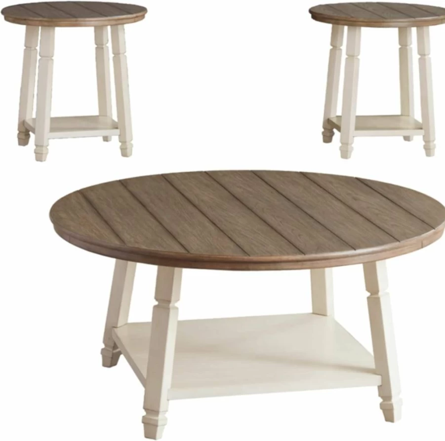 Signature Design by Ashley Bolanbrook 3-Piece Farmhouse Table Set - Antique White & Brown Coffee Table with 2 End Tables, Rustic Living Room Furniture