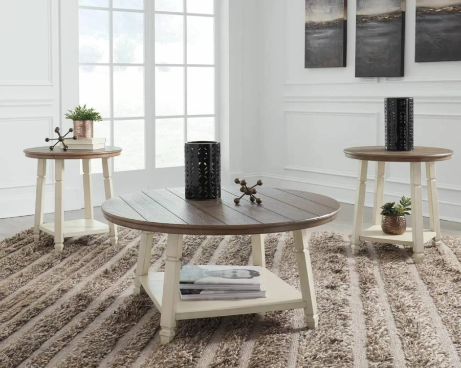Signature Design by Ashley Bolanbrook 3-Piece Farmhouse Table Set - Antique White & Brown Coffee Table with 2 End Tables, Rustic Living Room Furniture