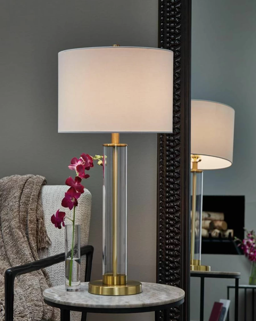 Signature Design by Ashley Wilmburgh Modern 26" Glass & Metal Table Lamp Set of 2 with USB Ports - Metallic Finish & Glass Shade