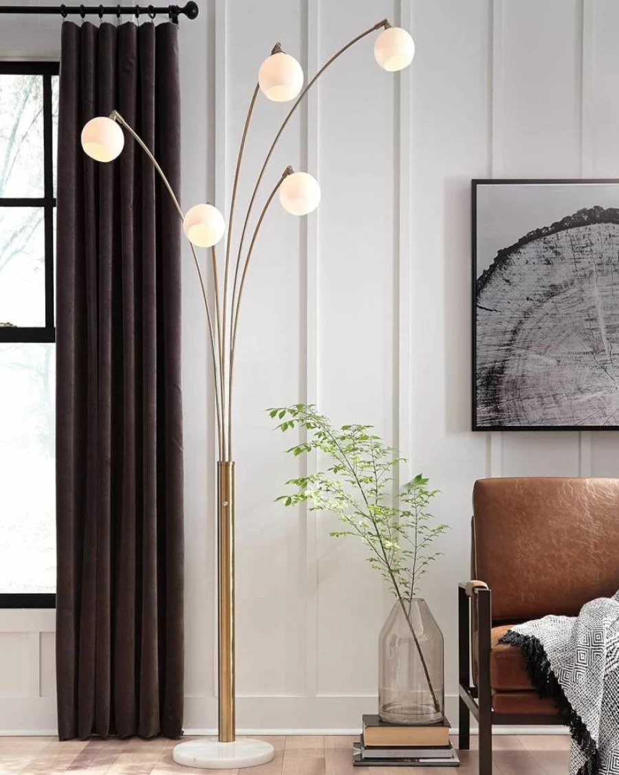 Signature Design by Ashley Taliya 95" Modern Arc Floor Lamp with White Marble Base, 5-Light Shades, Dimmer Switch, Champagne & White Finish