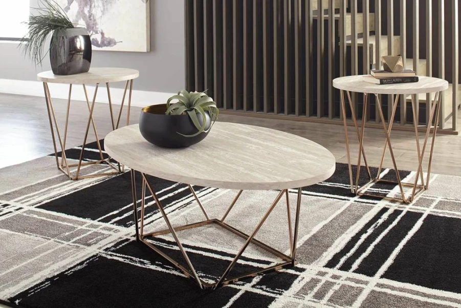 Signature Design by Ashley Neimhurst 3-Piece Living Room Set with Coffee Table & End Tables - Dark Brown Modern Furniture with Metal Legs
