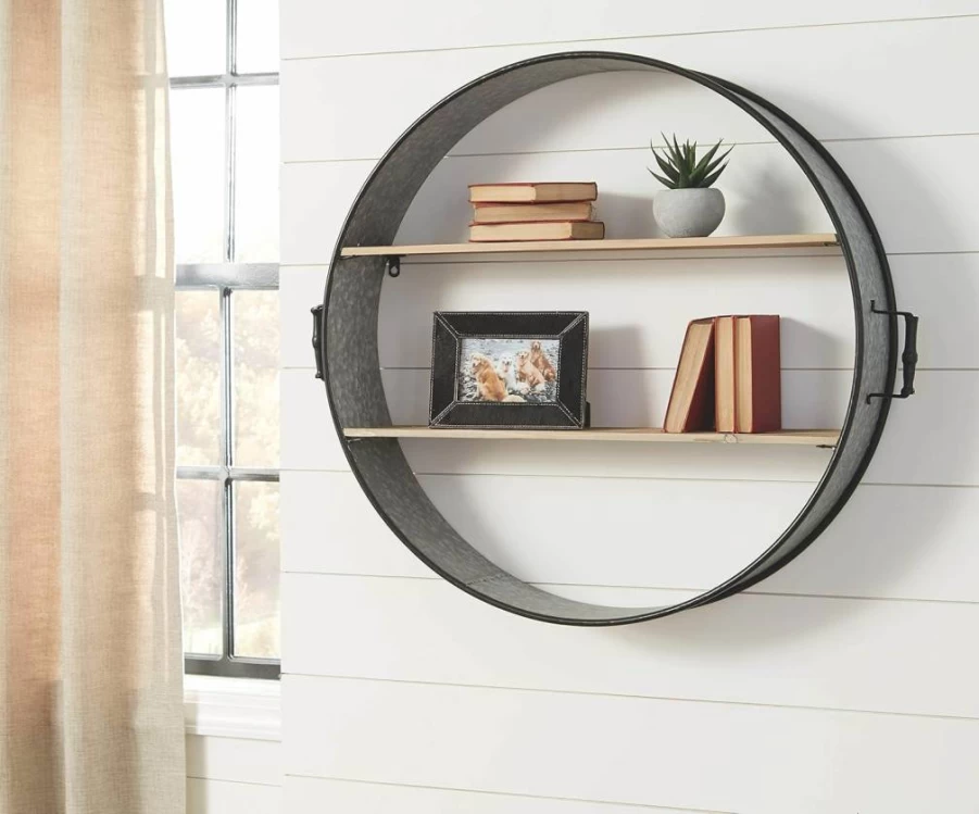Signature Design by Ashley Eirny Round Wall Shelf - Antique Gray Finish, Multi-Purpose Barrel Design for Home Decor
