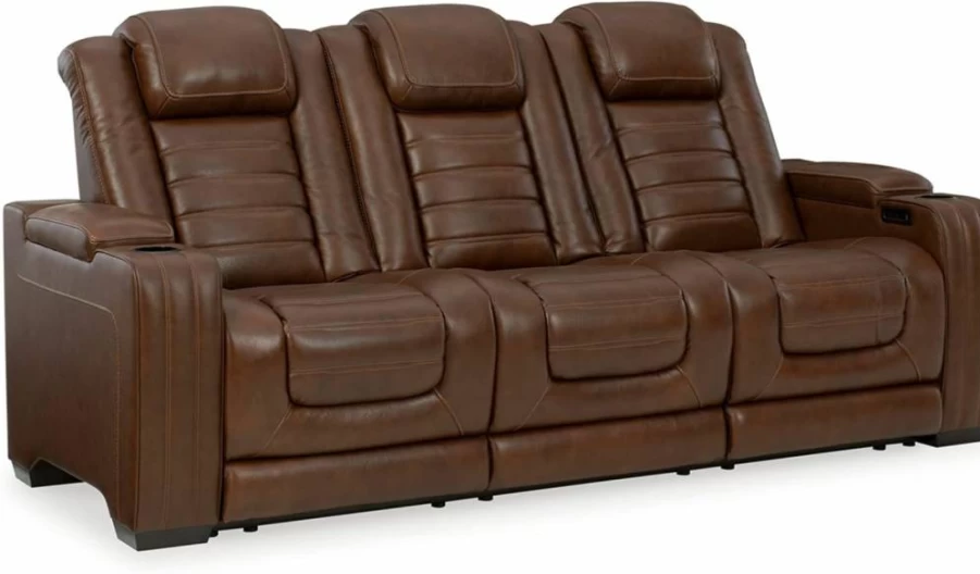 Signature Design by Ashley Man-Den Power Reclining Leather Sofa with Adjustable Headrest & Wireless Charging in Gray