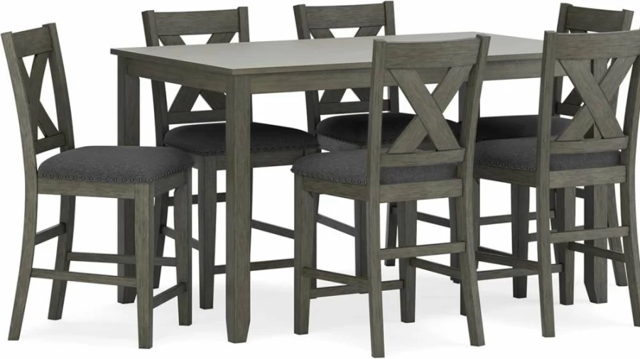 Signature Design by Ashley Caitbrook Counter Height Dining Set - 7-Piece Gray Table & Upholstered Bar Stools with Nailhead Trim