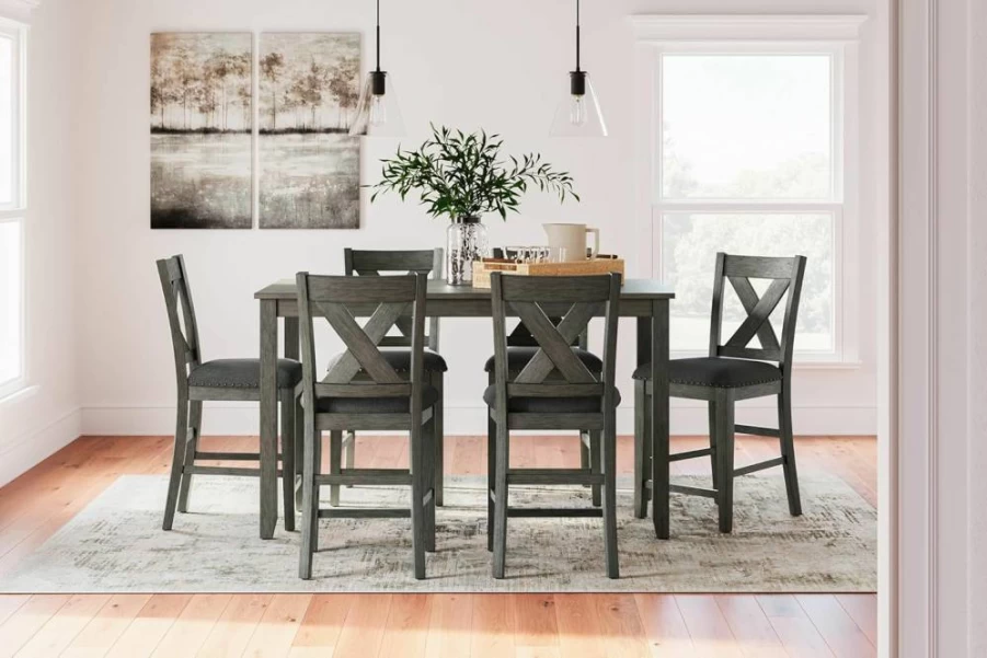 Signature Design by Ashley Caitbrook Counter Height Dining Set - 7-Piece Gray Table & Upholstered Bar Stools with Nailhead Trim