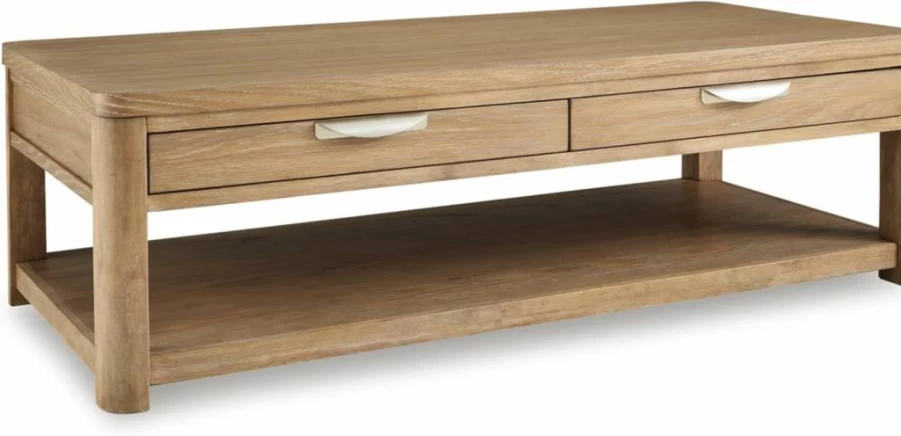 Signature Design by Ashley Rencott Light Brown Coffee Table with 2 Drawers, Lower Shelf & Casters - Classic Wire-Brushed Design with Shaped Posts