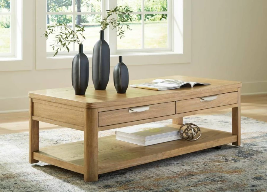 Signature Design by Ashley Rencott Light Brown Coffee Table with 2 Drawers, Lower Shelf & Casters - Classic Wire-Brushed Design with Shaped Posts