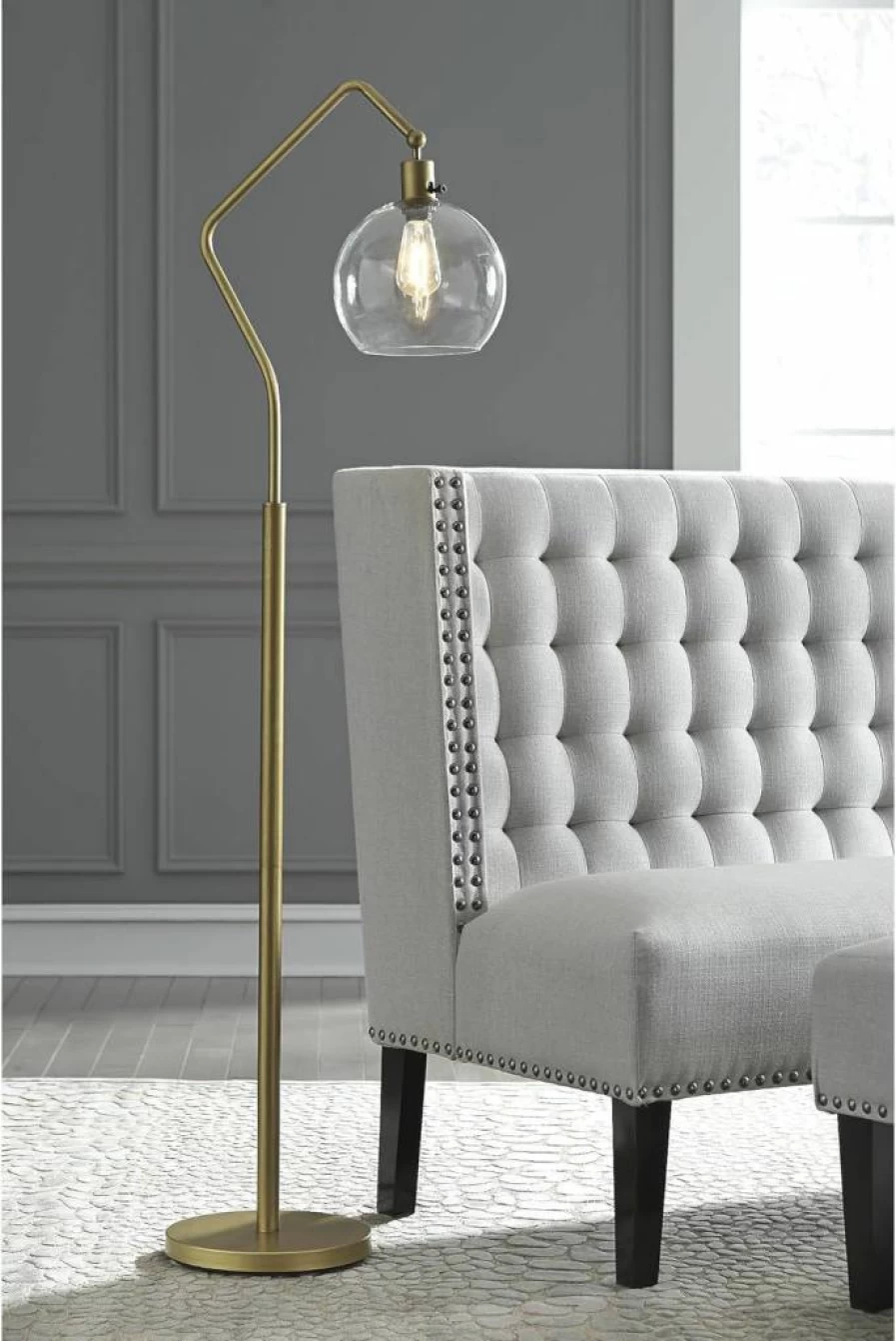 Signature Design by Ashley Marilee Modern Floor Lamp - 61.38" Antique Brass with Glass Shade & Angular Arm, Contemporary Lighting