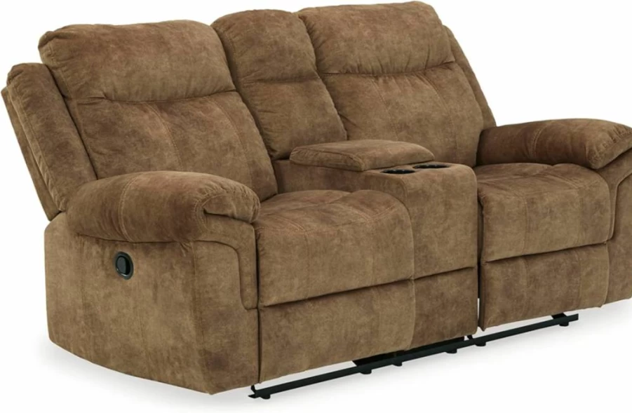 Signature Design by Ashley Brown Manual Glider Reclining Loveseat with Storage Console - Comfortable Huddle-Up Design