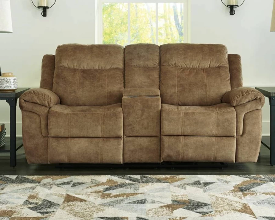 Signature Design by Ashley Brown Manual Glider Reclining Loveseat with Storage Console - Comfortable Huddle-Up Design