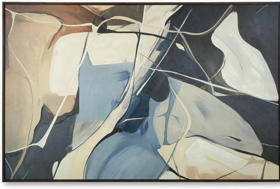 Signature Design by Ashley Avalen Contemporary Blue & Beige Abstract Framed Canvas Wall Art - Hand-Painted, Gallery Wrapped, 72x48 Inches