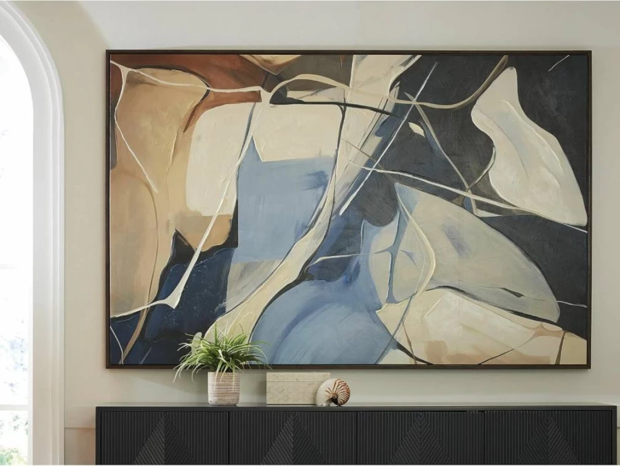 Signature Design by Ashley Avalen Contemporary Blue & Beige Abstract Framed Canvas Wall Art - Hand-Painted, Gallery Wrapped, 72x48 Inches