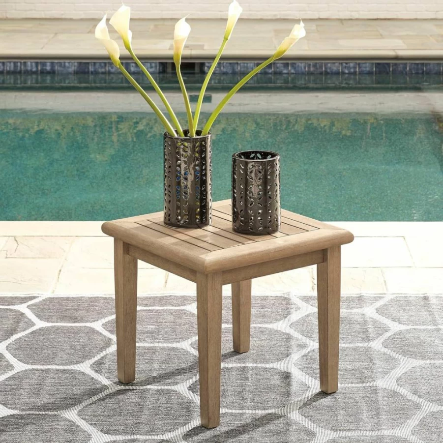 Signature Design by Ashley Gerianne Outdoor Square End Table - Beige Eucalyptus Wood Patio Side Table