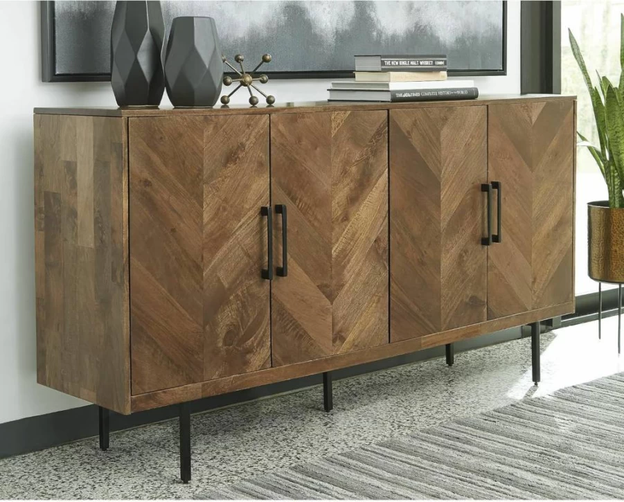 Signature Design by Ashley Prattville Modern Accent Cabinet - Brown Chevron Pattern, 4-Door Storage, Contemporary Furniture for Living Room