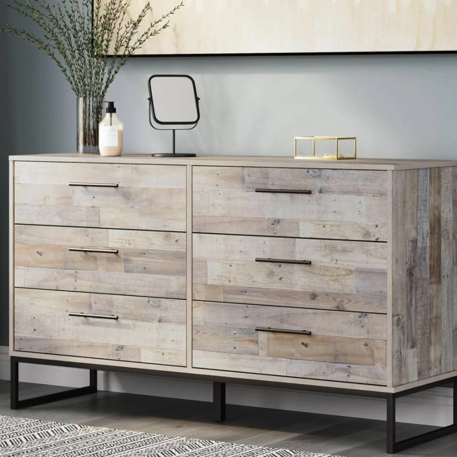Signature Design by Ashley Deanlow Mid-Century Modern 6-Drawer Dresser with Safety Stop, Light Brown & Black Bedroom Chest