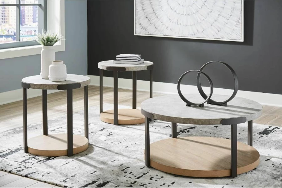 Signature Design by Ashley Darthurst 3-Piece Light Brown & Metallic Contemporary Table Set with Lower Shelf and Casters