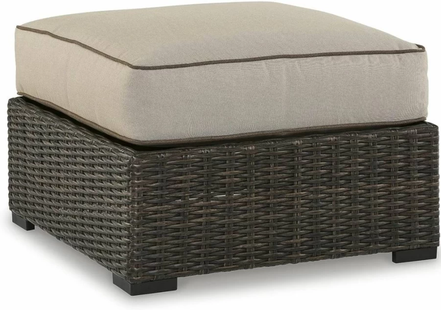 Signature Design by Ashley Outdoor Patio Ottoman - All-Weather Resin Wicker with Beige & Dark Brown Cushion
