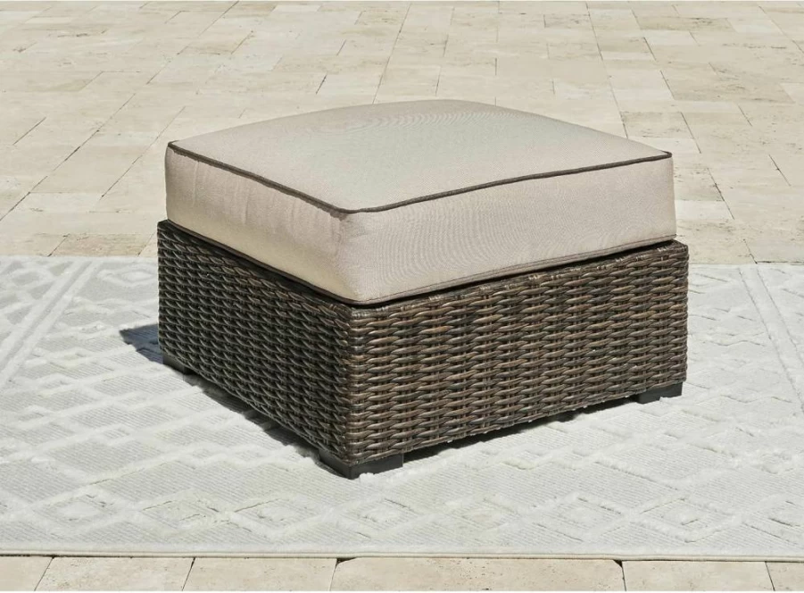 Signature Design by Ashley Outdoor Patio Ottoman - All-Weather Resin Wicker with Beige & Dark Brown Cushion