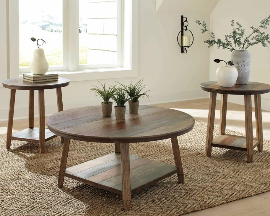 Signature Design by Ashley Raebecki 3-Piece Rustic Coffee Table Set with Multi-Color Plank Design - Coffee Table & 2 End Tables