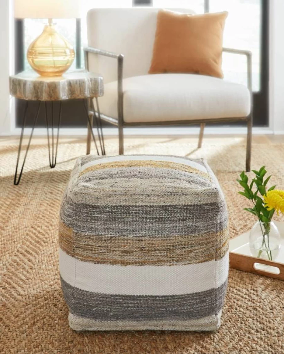 Signature Design by Ashley Josalind 16" Wool Blend Pouf Ottoman - Gray & Beige Casual Living Room Accent Stool