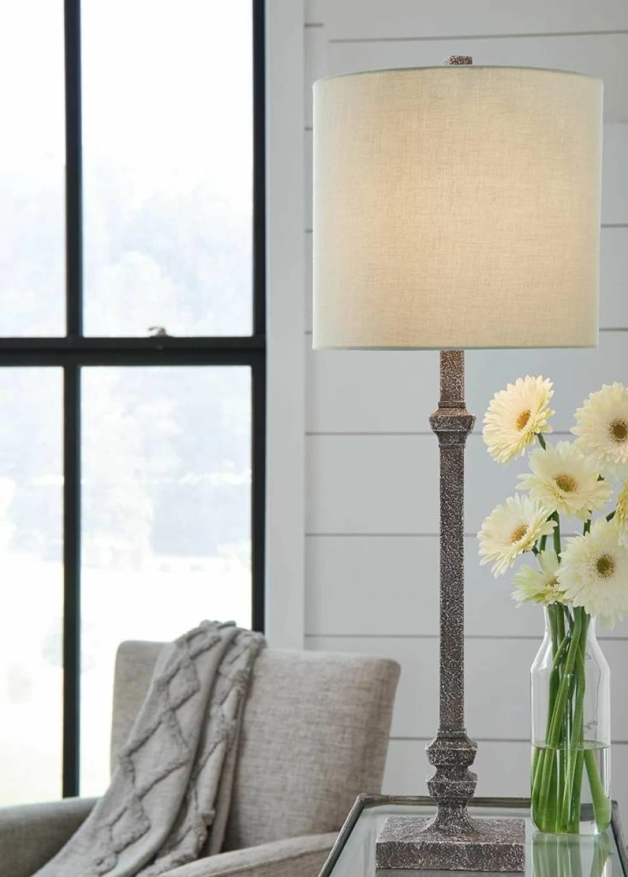 Signature Design by Ashley Oralieville 32-Inch Traditional Accent Lamp with Distressed Gray Finish - Polyresin Base Table Light