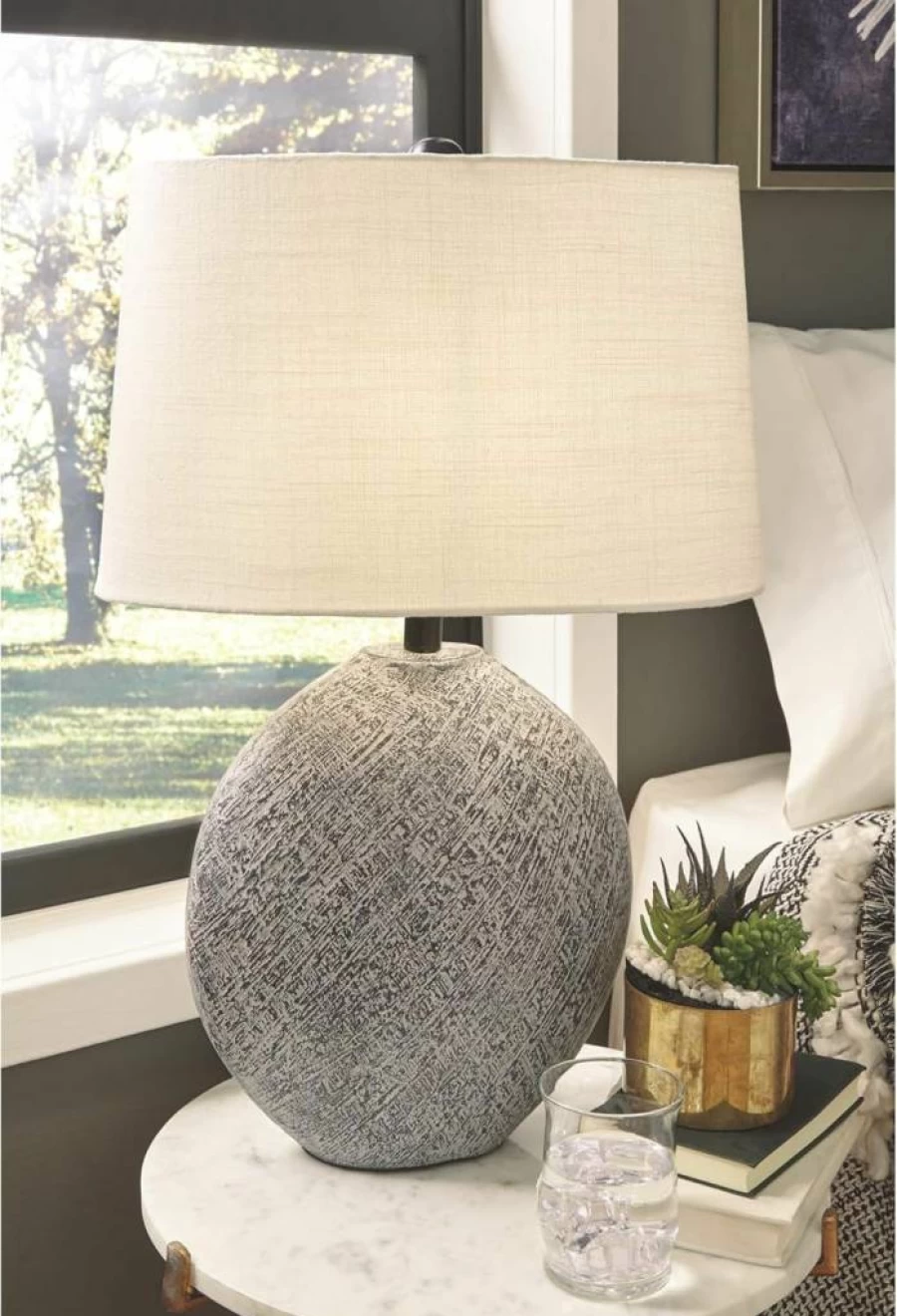 Signature Design by Ashley Harif 26" Beige Table Lamp with Textured Base - Modern Home Lighting
