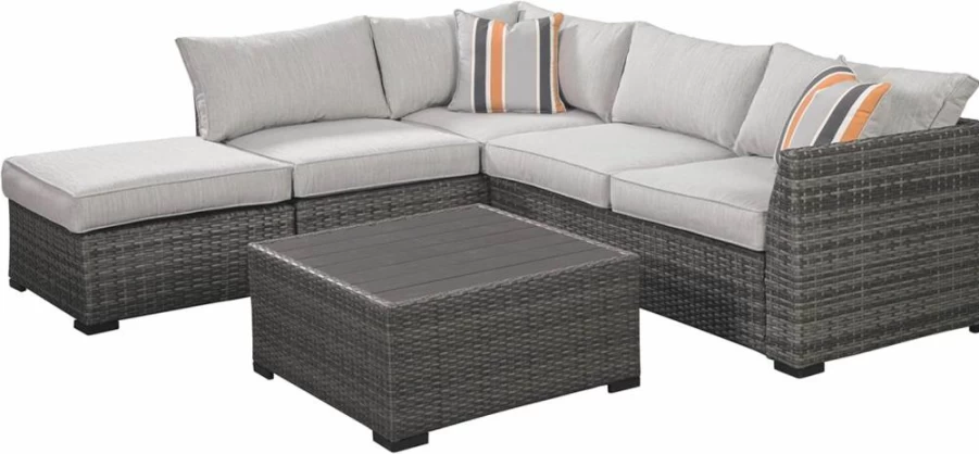 Signature Design by Ashley Cherry Point 4-Piece Outdoor Patio Set with Gray Cushions, Ottoman & Coffee Table