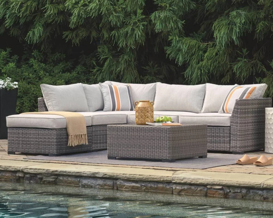 Signature Design by Ashley Cherry Point 4-Piece Outdoor Patio Set with Gray Cushions, Ottoman & Coffee Table