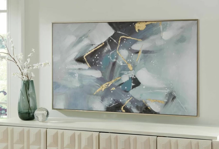 Signature Design by Ashley Cormette Modern Abstract Framed Canvas Wall Art 30x50 Inches - Light Blue & Metallic Contemporary Home Decor