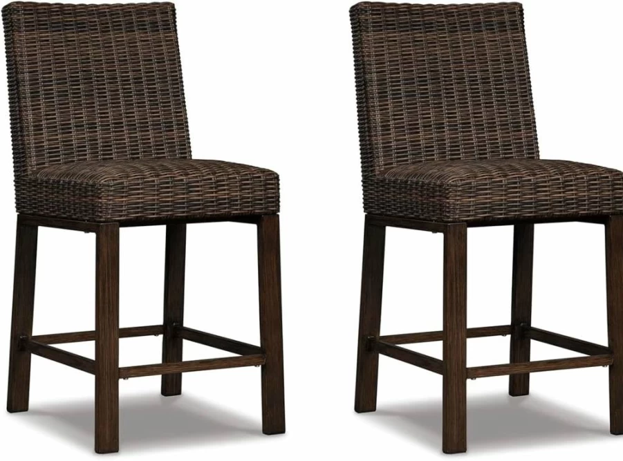 Signature Design by Ashley Paradise Trail 27.5" Brown Outdoor Wicker Barstool Set of 2 Patio Bar Stools