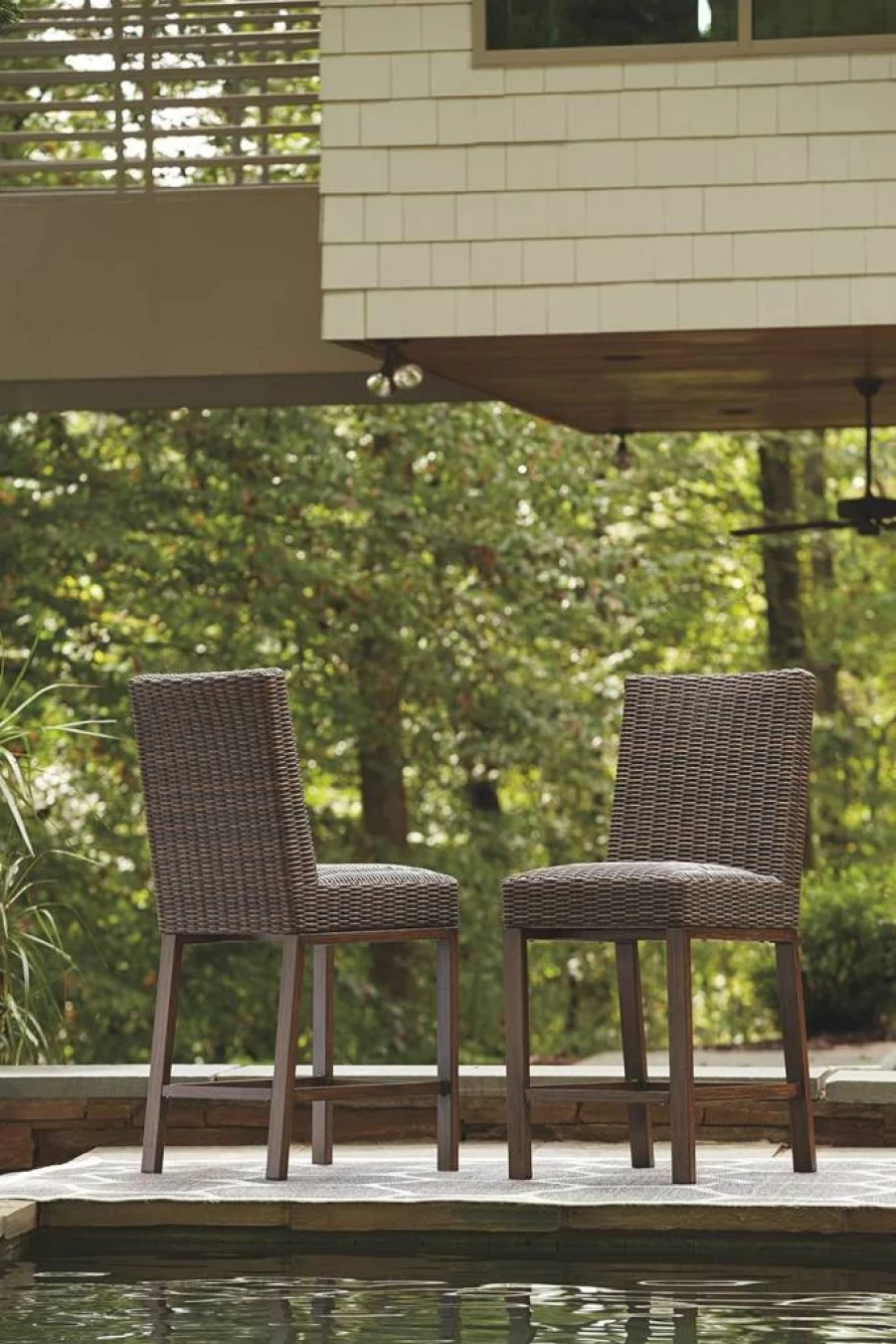 Signature Design by Ashley Paradise Trail 27.5" Brown Outdoor Wicker Barstool Set of 2 Patio Bar Stools