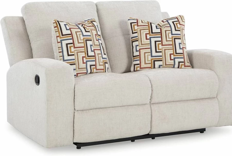 Signature Design by Ashley Danum Modern Tufted Manual Recliner Loveseat with Accent Pillows, Beige Fabric, Comfortable Seating for Living Room