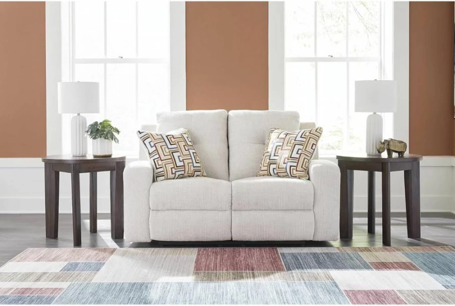 Signature Design by Ashley Danum Modern Tufted Manual Recliner Loveseat with Accent Pillows, Beige Fabric, Comfortable Seating for Living Room