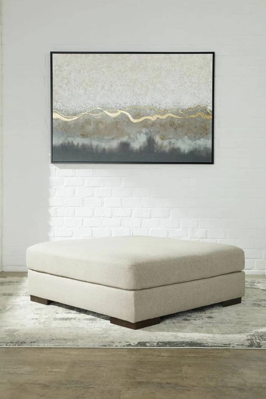 Signature Design by Ashley Lyndeboro Modern Oversized Upholstered Accent Ottoman in Beige - Contemporary Footstool Pouf