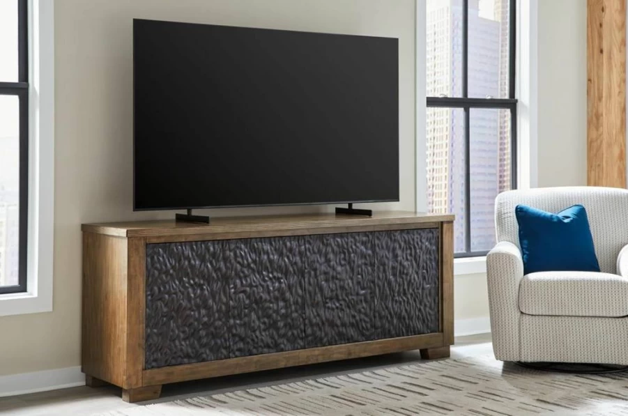 Signature Design by Ashley Rosswain 80" TV Stand for TVs Up to 92", Light Brown & Black Entertainment Center with Adjustable Shelves & Cord Management