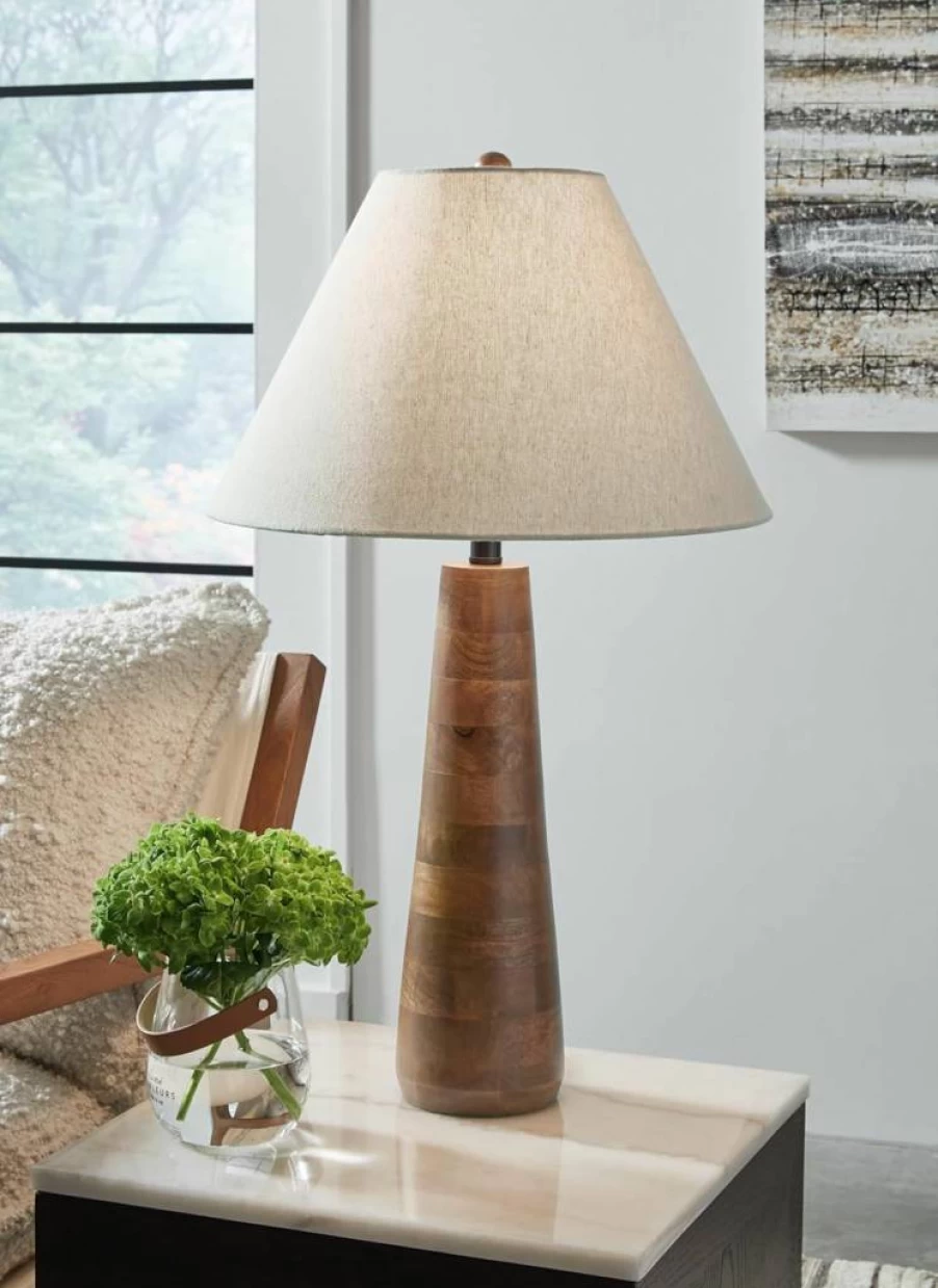 Signature Design by Ashley Danset Modern Wood Table Lamp - 3-Way Switch, Light Brown Finish, Contemporary Lighting
