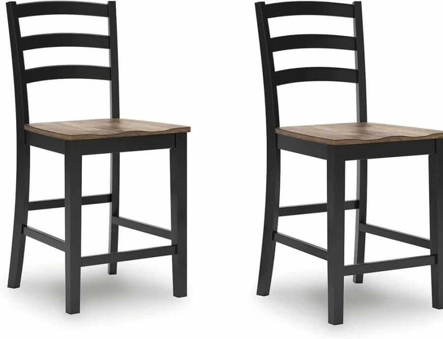 Signature Design by Ashley Wildenauer Farmhouse Counter Height Bar Stool Set of 2 - Light Brown & Black Ladder Back with Footrest