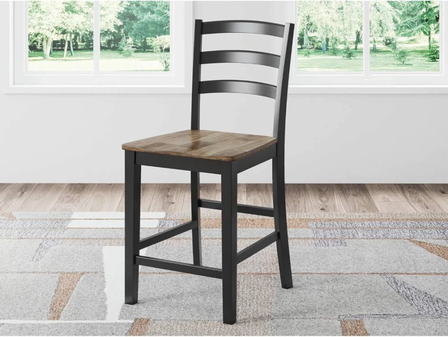 Signature Design by Ashley Wildenauer Farmhouse Counter Height Bar Stool Set of 2 - Light Brown & Black Ladder Back with Footrest