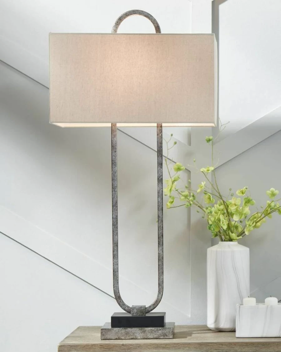 Signature Design by Ashley Bennish 36" Modern Geometric Metal Table Lamp in Antique Silver - Contemporary Lighting for Home & Office