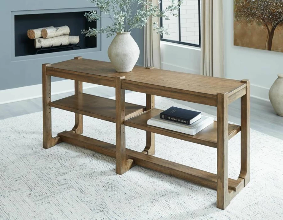 Signature Design by Ashley Cabalynn Farmhouse Sofa Table - Light Brown Wood Console Table with 2 Adjustable Shelves, Rustic Living Room Furniture