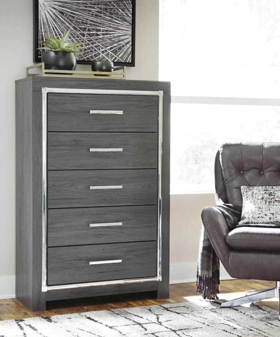 Signature Design by Ashley Zyniden Glam 5-Drawer Wide Dresser with Chrome Finish, Safety Stop, Modern Bedroom Chest