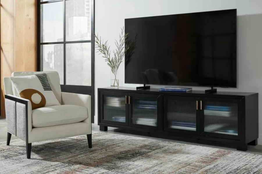 Signature Design by Ashley Winbardi 85" Modern TV Stand for TVs Up to 97" - Black Adjustable Shelves, Storage Cabinets & Cable Management