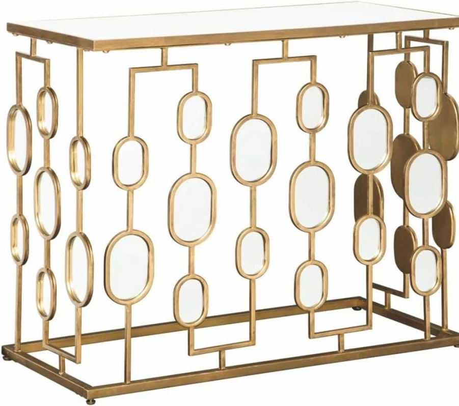 Signature Design by Ashley Majaci Retro Gold Finish Console Table with Mirrored Glass Top - Mid-Century Modern Entryway Furniture