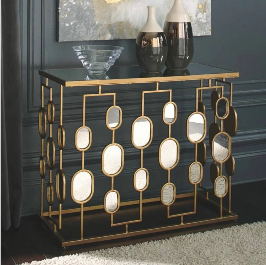 Signature Design by Ashley Majaci Retro Gold Finish Console Table with Mirrored Glass Top - Mid-Century Modern Entryway Furniture