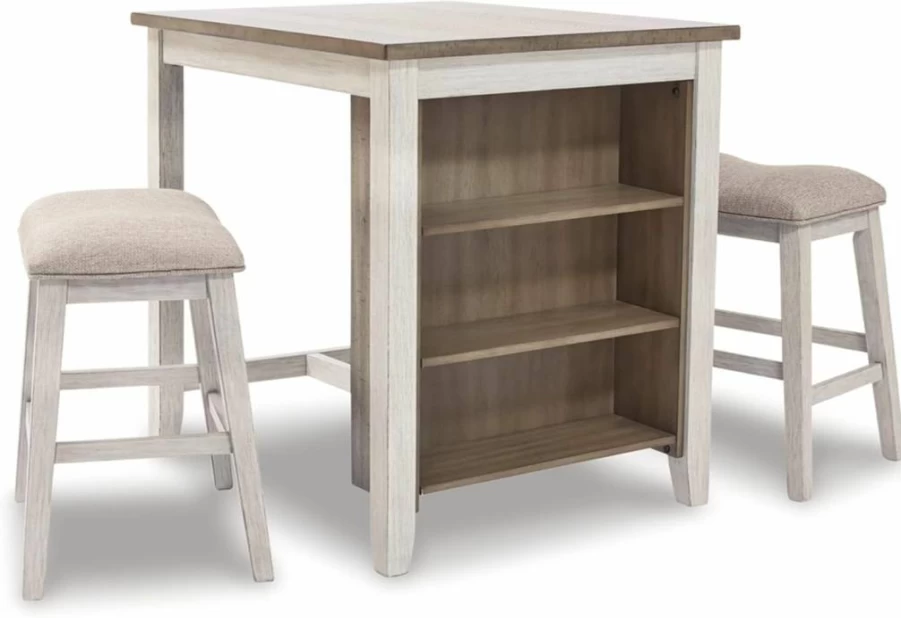 Signature Design by Ashley Caitbrook 25" Counter Height Dining Table Set with 2 Saddle Barstools & Storage, Gray Wash Modern Kitchen Breakfast Nook