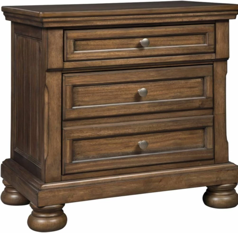 Signature Design by Ashley Flynnter 30" Tobacco Brown Nightstand with 2 Drawers & Hidden Pull-Out Tray, Traditional Bedside Table